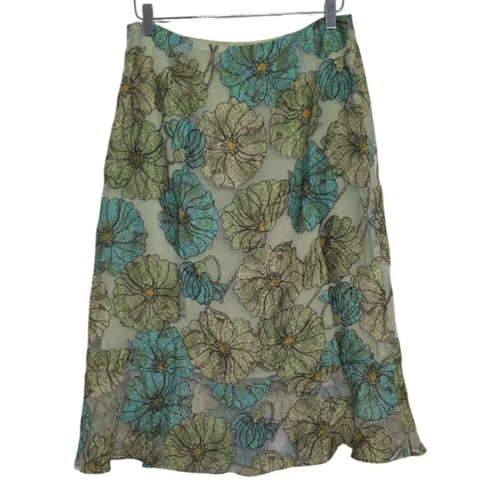 Sharon Young Floral Midi Skirt Womens Size 10 Green Lightweight Lined A Line